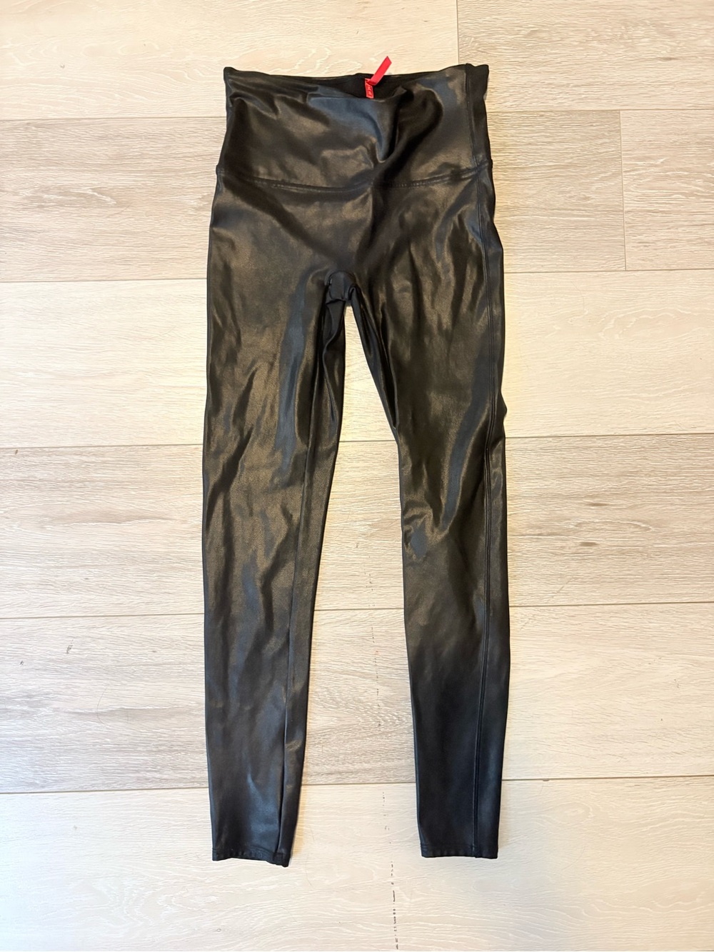 Spanx Black Faux Leather-Look Leggings with Red Tag